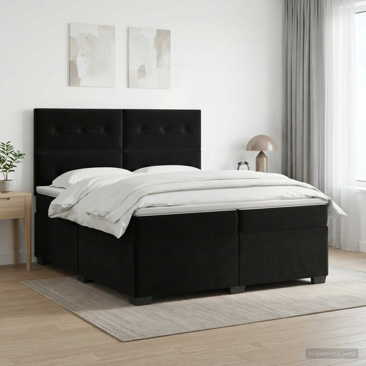 Boxmadras med topmadras med hovedgærde Sort 200 x 200 cm Fløjl