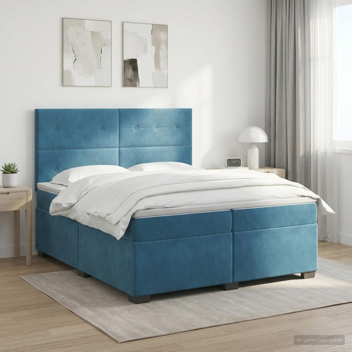 Boxmadras med topmadras med hovedgærde Blå 200 x 200 cm Fløjl