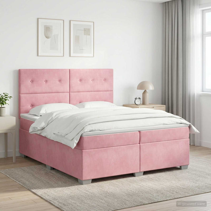 Boxmadras med topmadras Lyserød 200 x 200 cm Fløjl