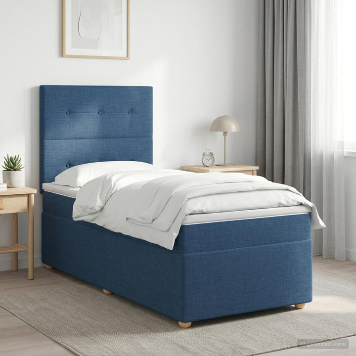 Boxmadras med topmadras med hovedgærde Blå 90 x 190 cm Stof