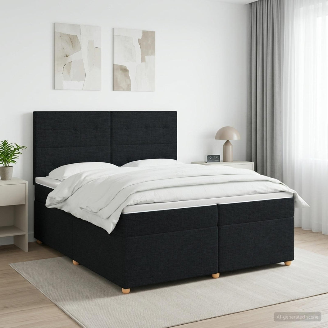 Boxmadras med topmadras med hovedgærde Sort 200 x 200 cm Stof