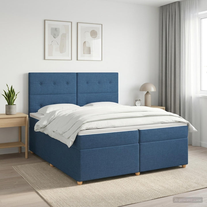 Boxmadras med topmadras med hovedgærde Blå 200 x 200 cm Stof
