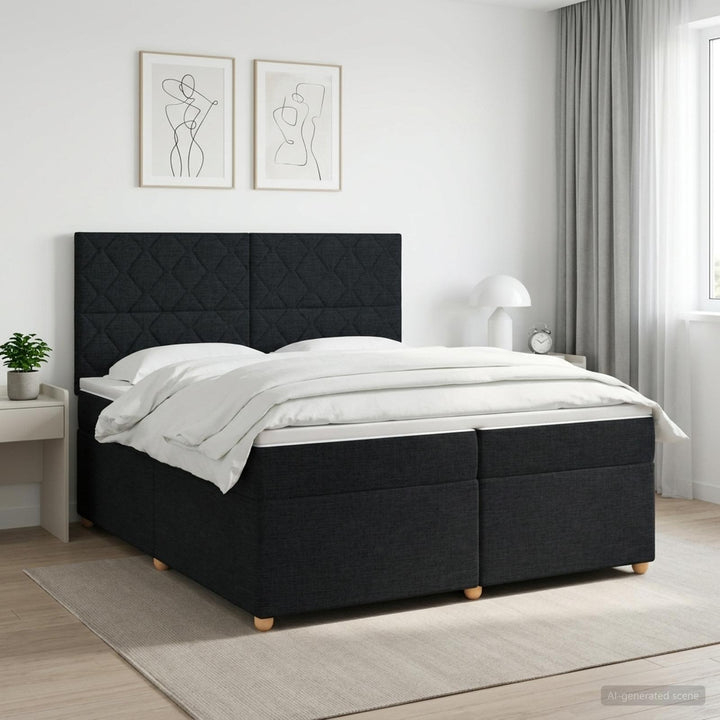 Boxmadras med topmadras med hovedgærde Sort 200 x 200 cm Stof