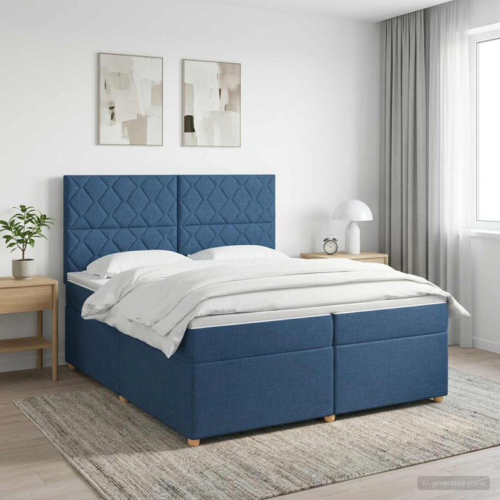 Boxmadras med topmadras med hovedgærde Blå 200 x 200 cm Stof