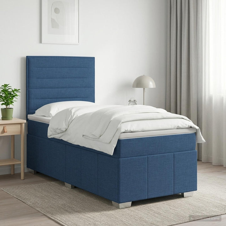 Boxmadras med topmadras med hovedgærde Blå 90 x 200 cm Stof