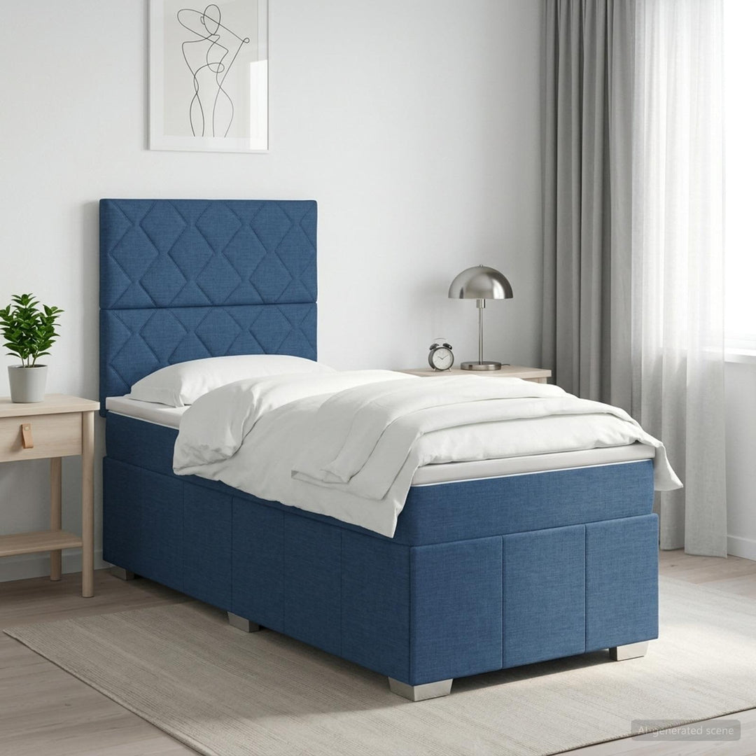 Boxmadras med topmadras med hovedgærde Blå 90 x 200 cm Stof