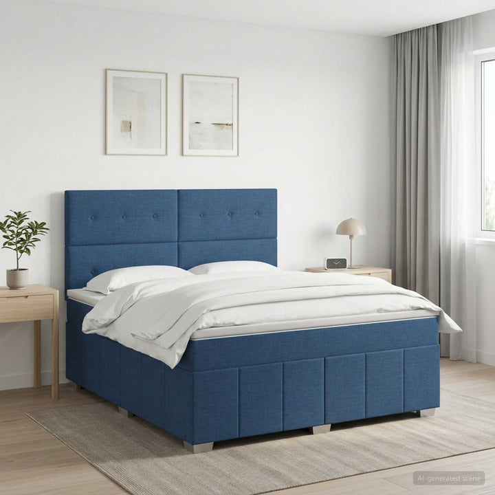 Boxmadras med topmadras med hovedgærde Blå 140 x 200 cm Stof
