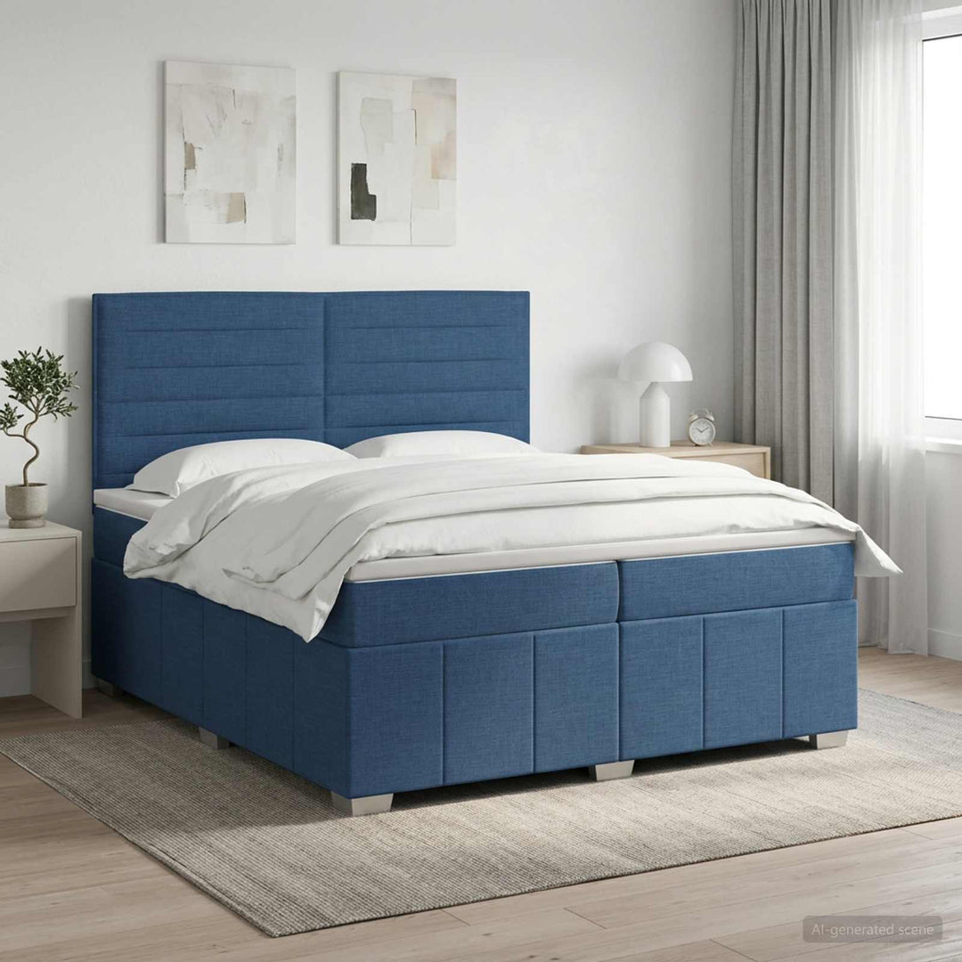 Boxmadras med topmadras med hovedgærde Blå 200 x 200 cm Stof
