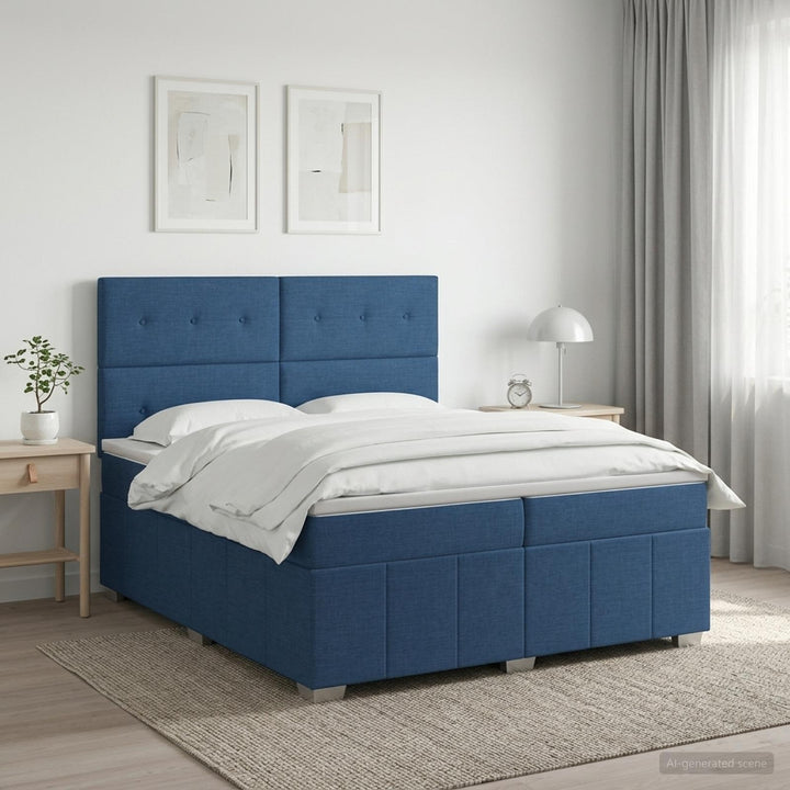 Boxmadras med topmadras med hovedgærde Blå 200 x 200 cm Stof