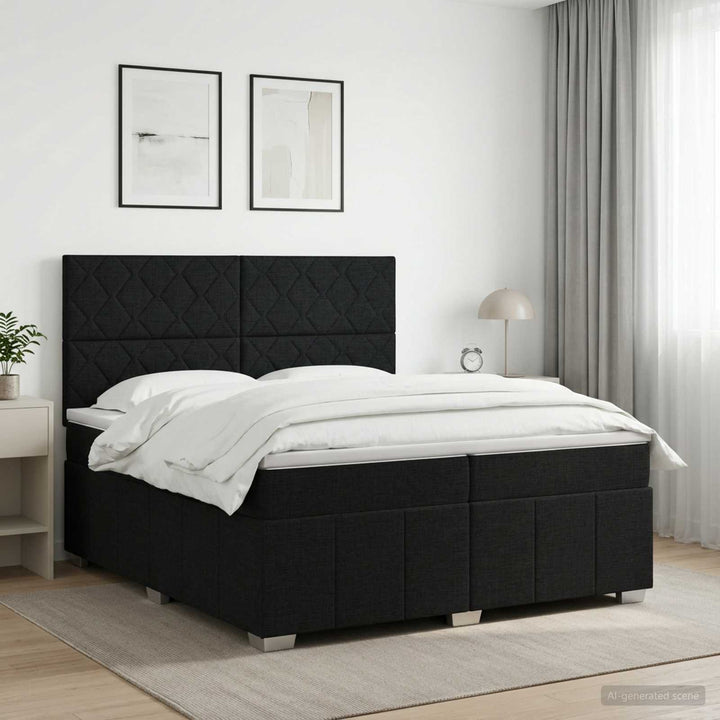 Boxmadras med topmadras med hovedgærde Sort 200 x 200 cm Stof