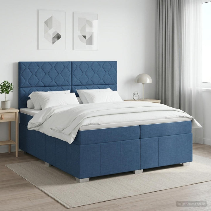 Boxmadras med topmadras med hovedgærde Blå 200 x 200 cm Stof