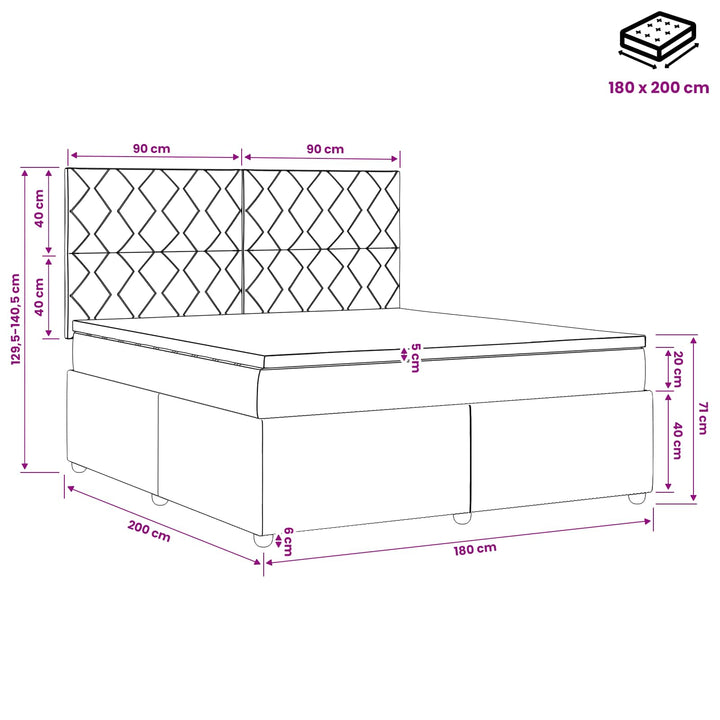 Boxmadras med topmadras med hovedgærde Sort 180 x 200 cm Stof