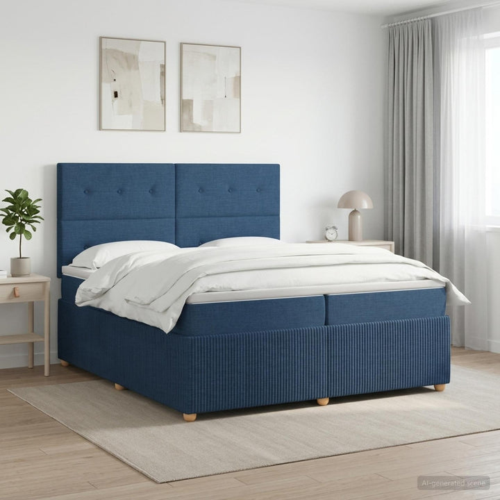 Boxmadras med topmadras med hovedgærde Blå 200 x 200 cm Stof
