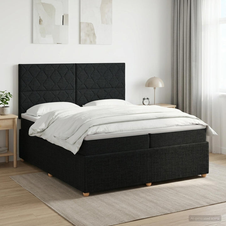 Boxmadras med topmadras med hovedgærde Sort 200 x 200 cm Stof