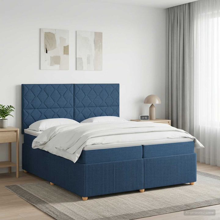 Boxmadras med topmadras med hovedgærde Blå 200 x 200 cm Stof