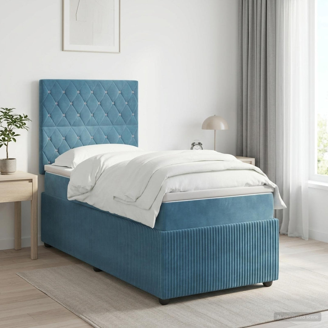 Boxmadras med topmadras med hovedgærde Blå 80 x 200 cm Fløjl