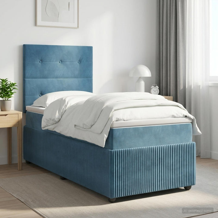 Boxmadras med topmadras med hovedgærde Blå 90 x 200 cm Fløjl