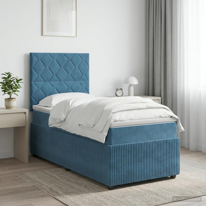 Boxmadras med topmadras med hovedgærde Blå 100 x 200 cm Fløjl