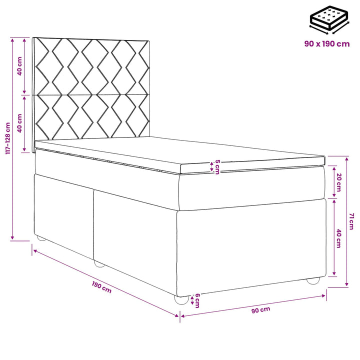 Boxmadras med topmadras med hovedgærde Blå 90 x 190 cm Fløjl