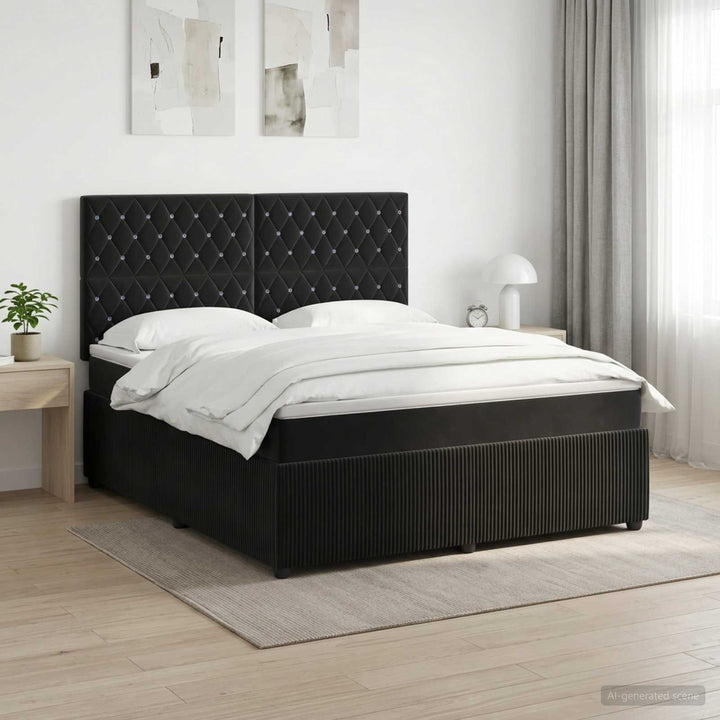 Boxmadras med topmadras med hovedgærde Sort 160 x 200 cm Fløjl