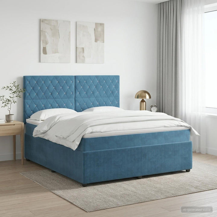Boxmadras med topmadras med hovedgærde Blå 140 x 190 cm Fløjl