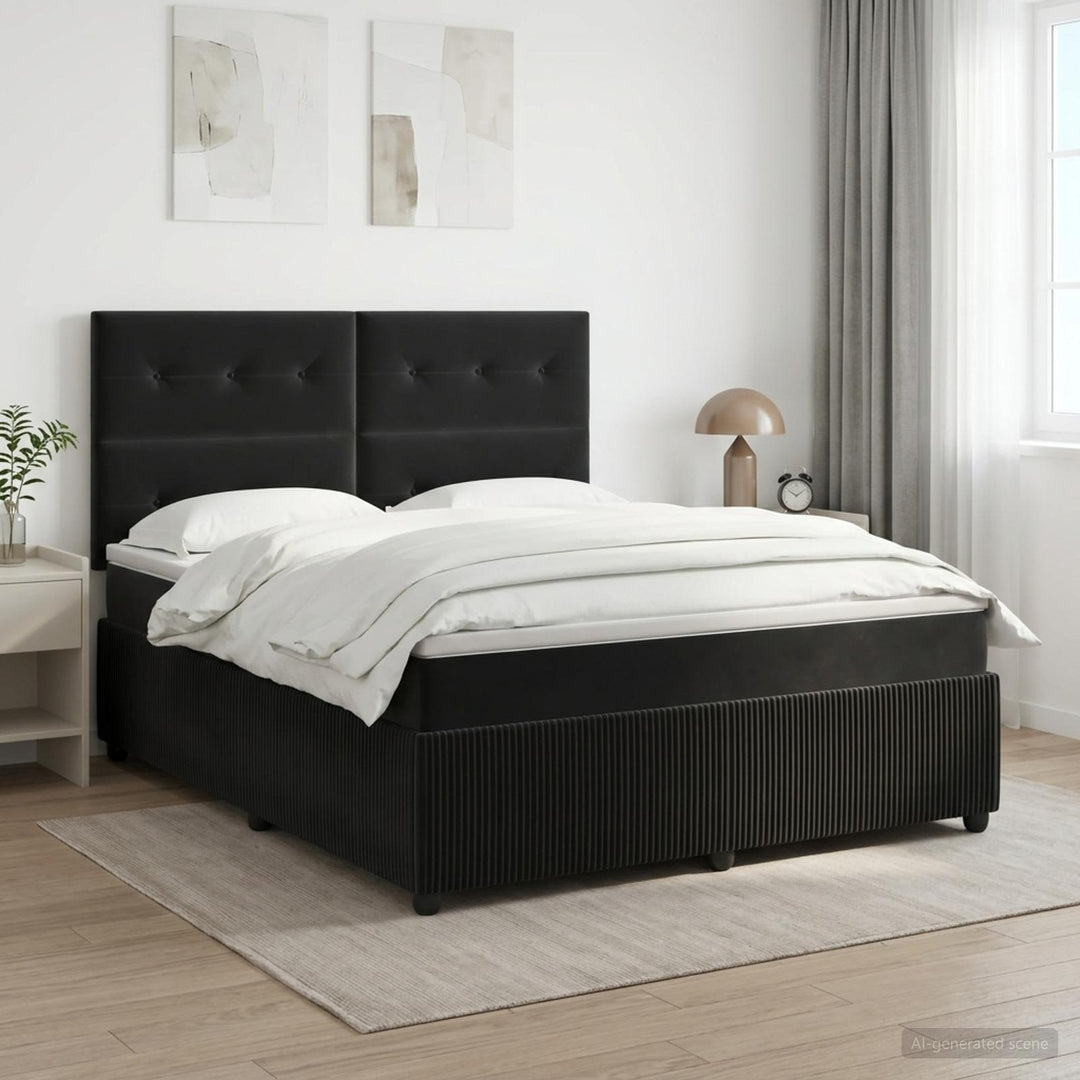 Boxmadras med topmadras med hovedgærde Sort 140 x 190 cm Fløjl