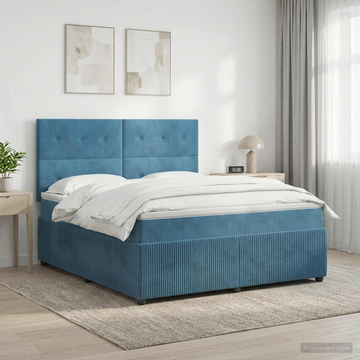 Boxmadras med topmadras med hovedgærde Blå 140 x 190 cm Fløjl