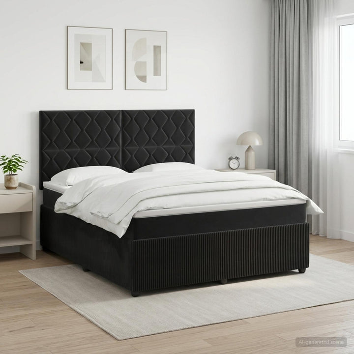 Boxmadras med topmadras med hovedgærde Sort 140 x 190 cm Fløjl