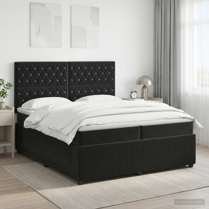 Boxmadras med topmadras med hovedgærde Sort 200 x 200 cm Fløjl