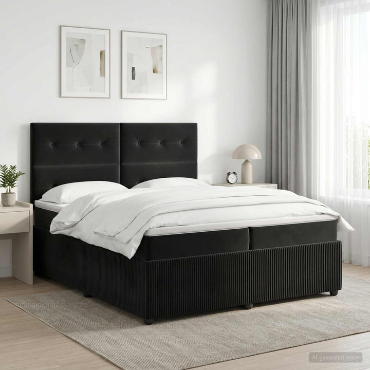 Boxmadras med topmadras med hovedgærde Sort 200 x 200 cm Fløjl