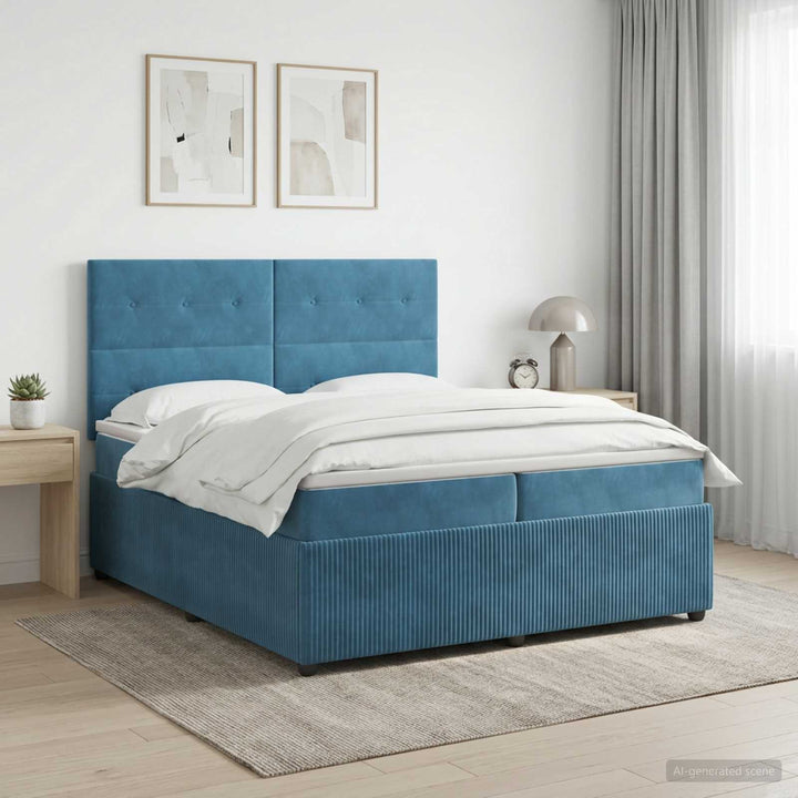 Boxmadras med topmadras med hovedgærde Blå 200 x 200 cm Fløjl