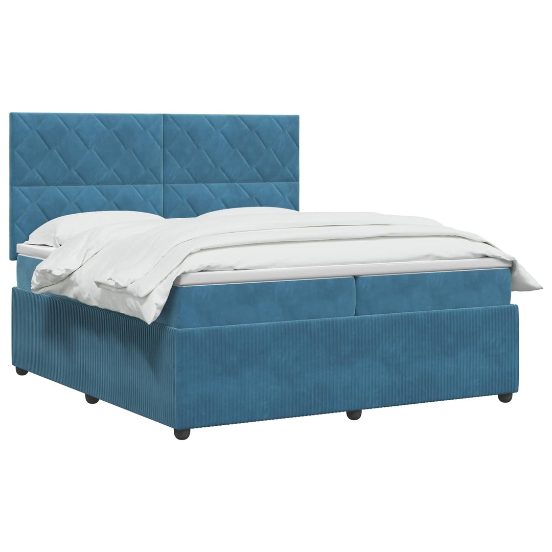 Boxmadras med topmadras med hovedgærde Blå 200 x 200 cm Fløjl
