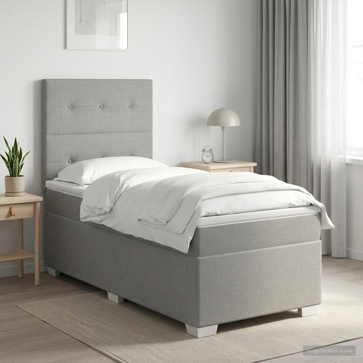Box Spring Seng med Madras og LED Lysegrå 90 x 190 cm Stof