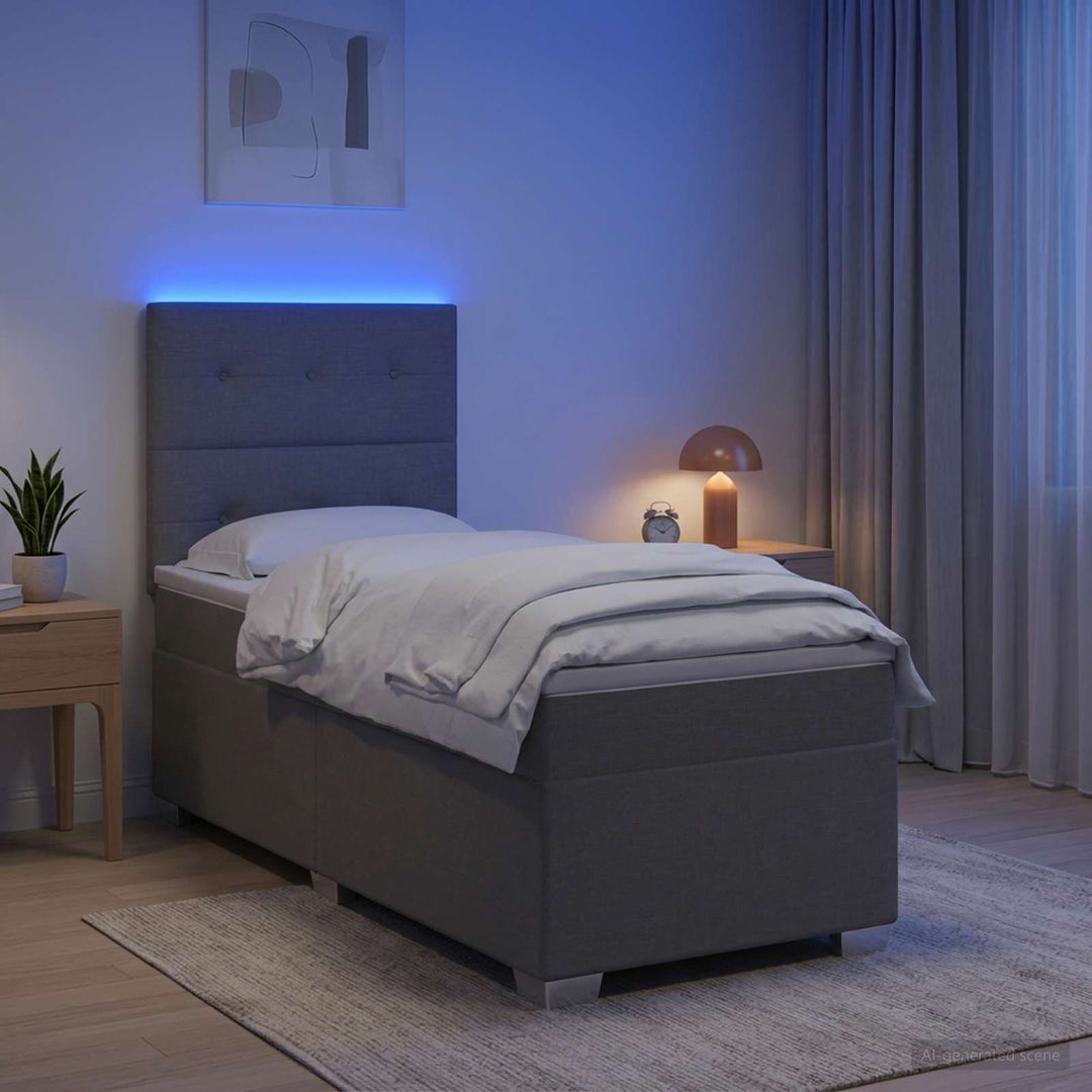 Box Spring Seng med Madras og LED Lysegrå 90 x 190 cm Stof