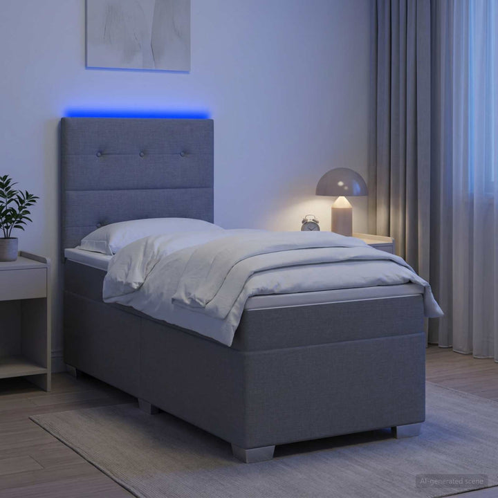 Box Spring Seng med Madras og LED Lysegrå 90 x 190 cm Stof
