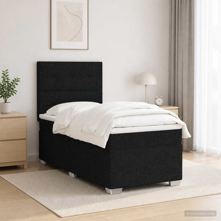 Boxmadras med topmadras med hovedgærde Sort 90 x 190 cm Stof