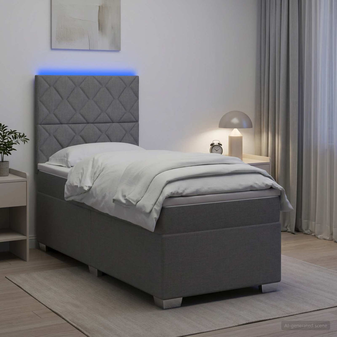 Box Spring Seng med Madras og LED Lysegrå 90 x 190 cm Stof