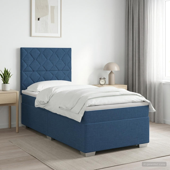 Boxmadras med topmadras med hovedgærde Blå 100 x 200 cm Stof