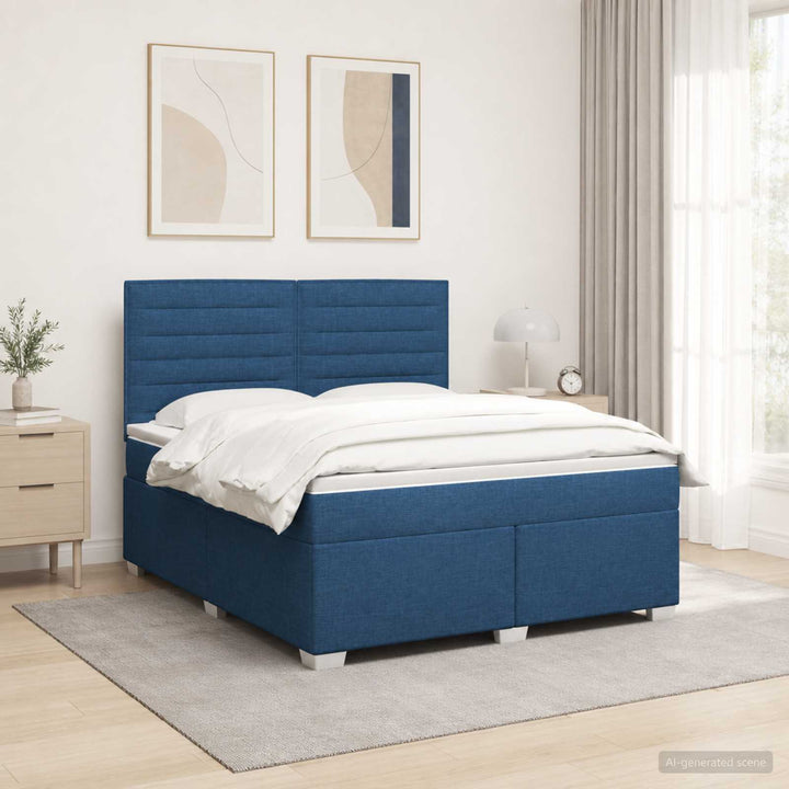 Boxmadras med topmadras med hovedgærde Blå 180 x 200 cm Stof