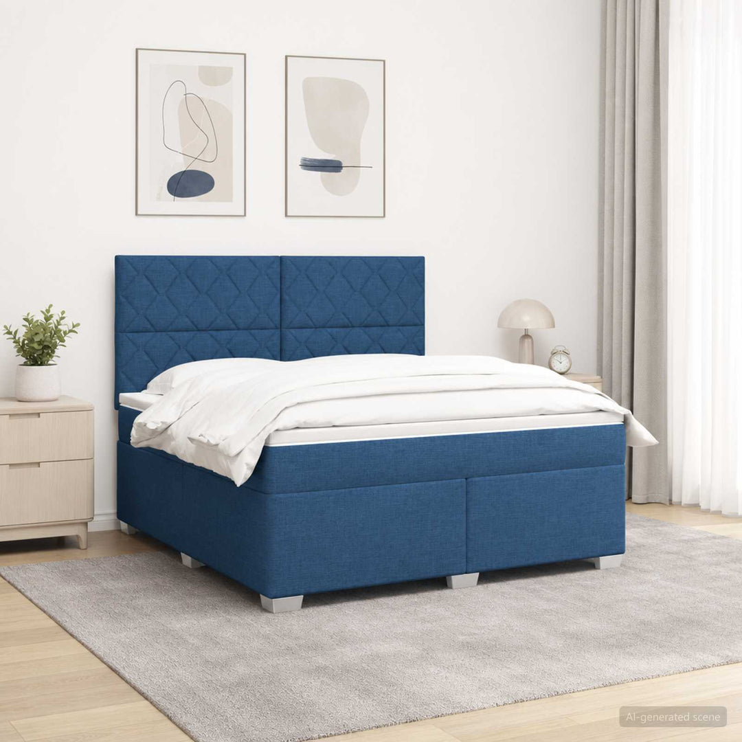 Boxmadras med topmadras med hovedgærde Blå 180 x 200 cm Stof