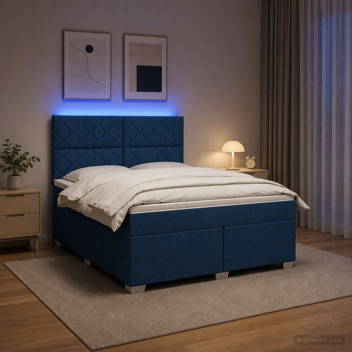 Boxmadras med topmadras med hovedgærde Blå 140 x 200 cm Stof