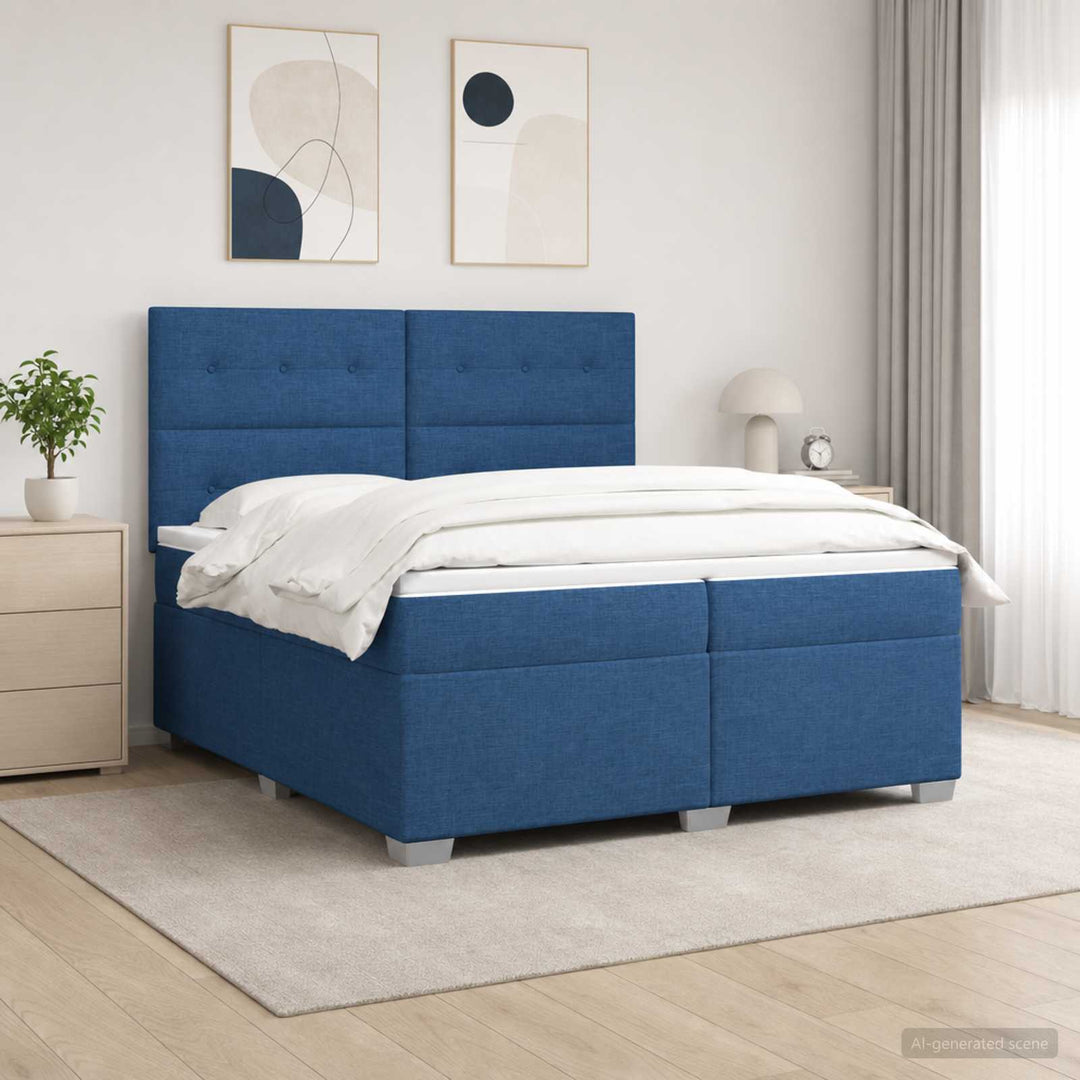 Boxmadras med topmadras med hovedgærde Blå 200 x 200 cm Stof