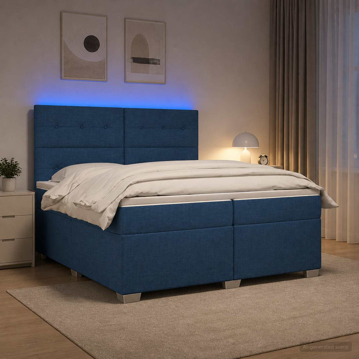 Boxmadras med topmadras med hovedgærde Blå 200 x 200 cm Stof