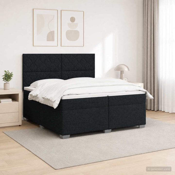 Boxmadras med topmadras med hovedgærde Sort 200 x 200 cm Stof