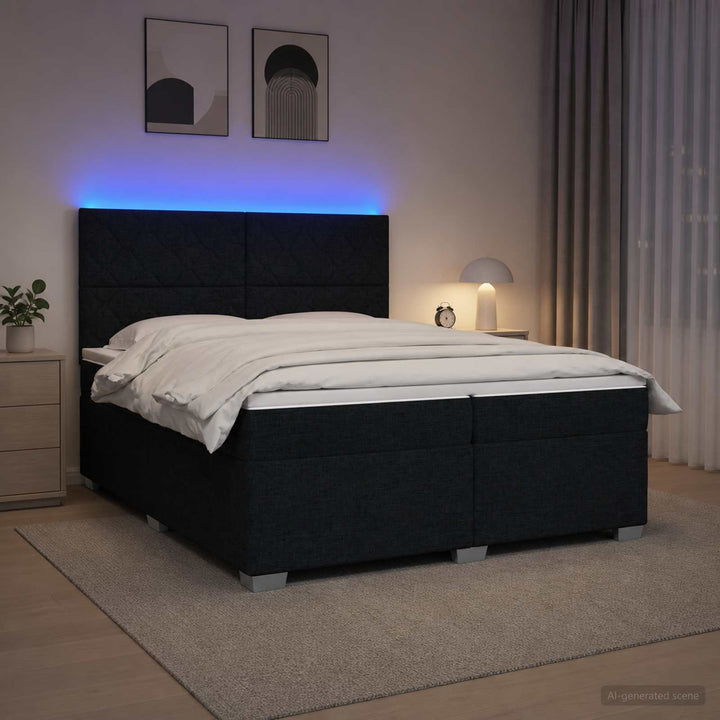 Boxmadras med topmadras med hovedgærde Sort 200 x 200 cm Stof