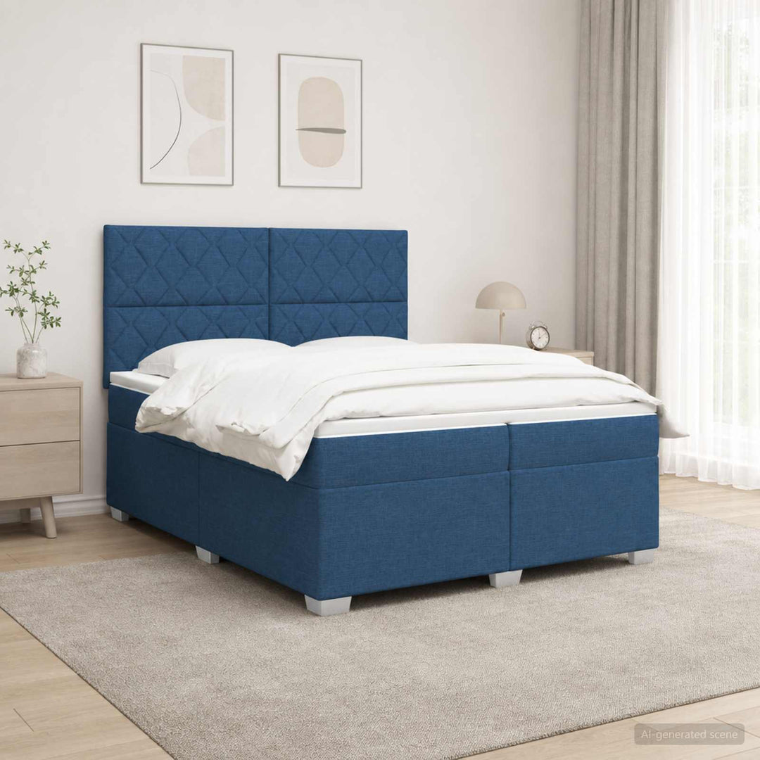 Boxmadras med topmadras med hovedgærde Blå 200 x 200 cm Stof