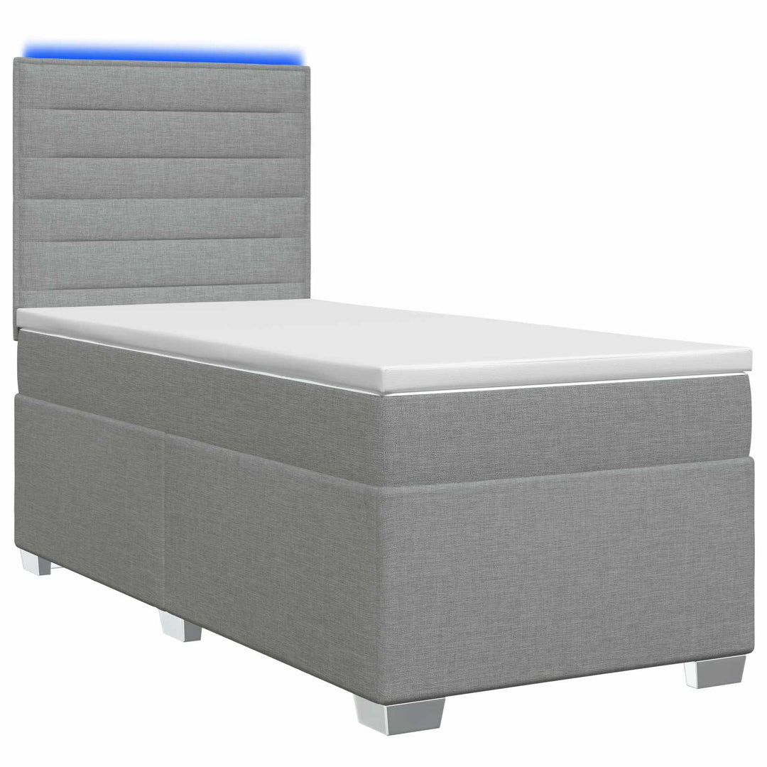 Box Spring Seng med Madras og LED Lysegrå 90 x 190 cm Stof