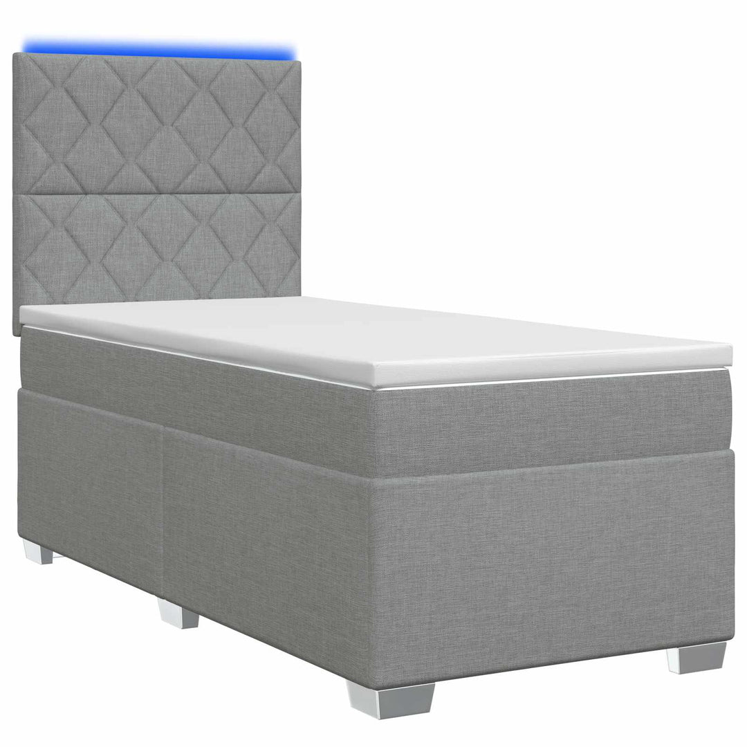 Box Spring Seng med Madras og LED Lysegrå 90 x 190 cm Stof