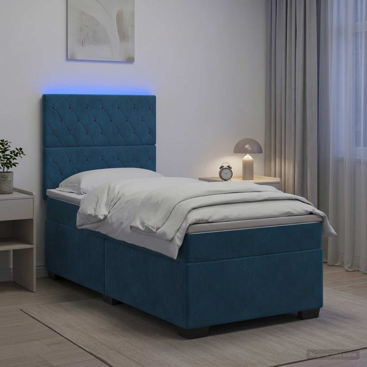 Boxmadras med topmadras med hovedgærde Blå 90 x 190 cm Fløjl