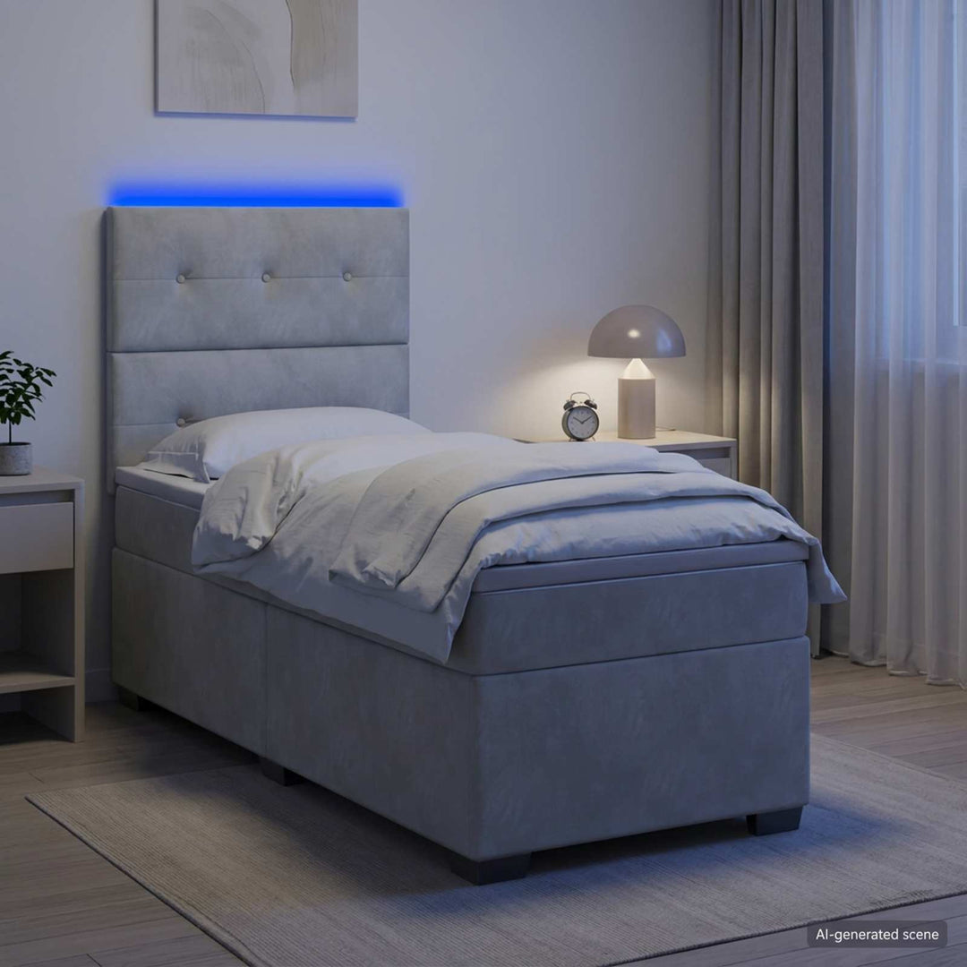 Box Spring Seng med Madras og LED Lysegrå 90 x 190 cm Fløjl